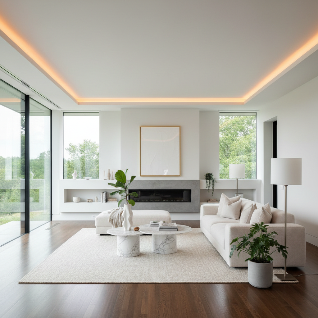Elegant modern house interior with bright open-plan living space, large windows, neutral tones and premium finishes